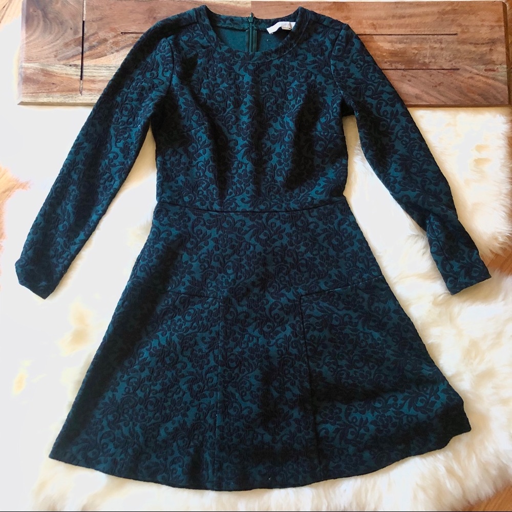 Long Sleeve Emerald Jacquard Fit & Flare Dress